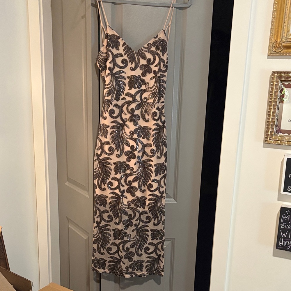 Women's Beige Slip Dress with Black Sequin Floral Pattern